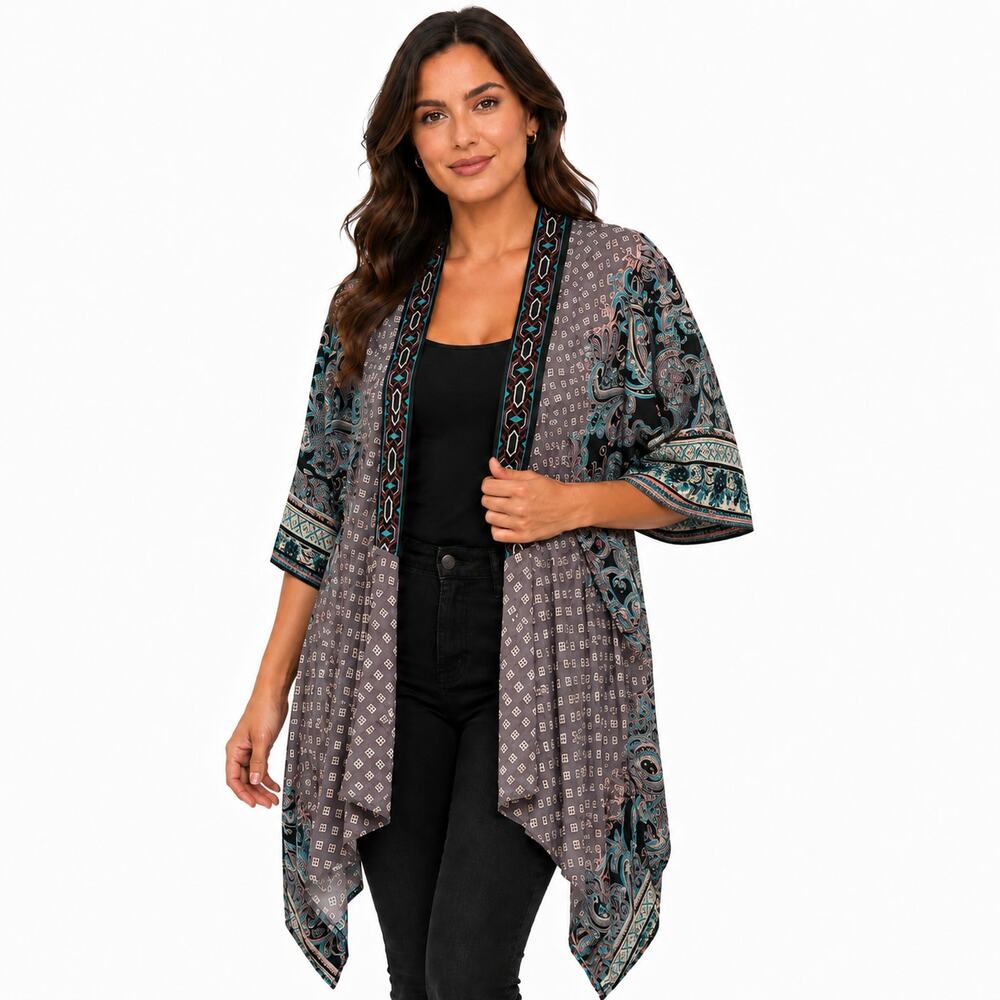 Flying Tomato Women's Boho Style Multicolor Embroidered Open-Front Kimono